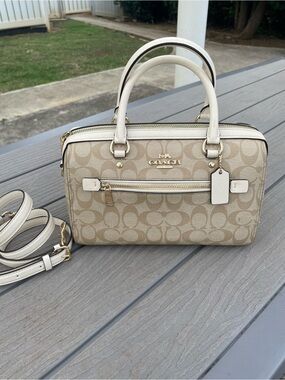 Coach Medium Rowen Beige Signature Canvas with White Trim